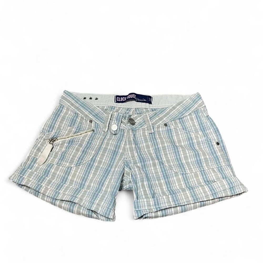 y2k low rise blue and white plaid shorts with grommet detailing